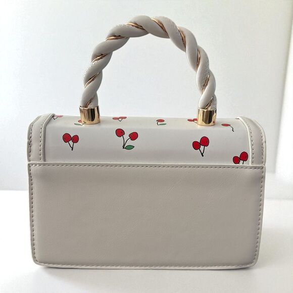 Cherry Print Top Handle Bag White Red Gold Twist Handle Floral Clasp Purse Retro - Picture 3 of 6